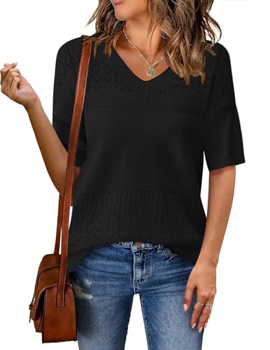 Zeagoo Womens Summer Sweater Casual Short Sleeve Pullover Tops V Neck Lightweight Shirts Ribbed Knit Dressy Blouse