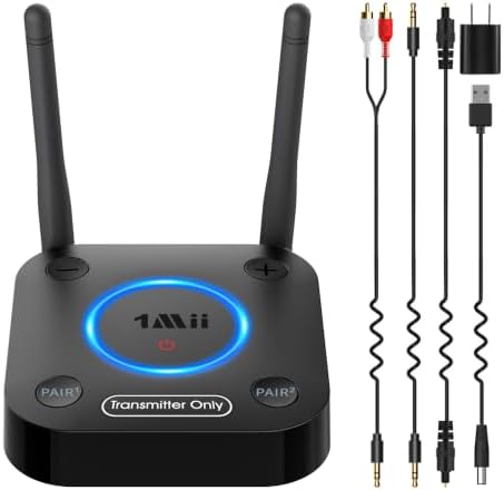 1Mii B06TX Bluetooth 5.0 Transmitter for TV to Wireless Headphone/Speaker, Bluetooth Adapter for TV w/Volume Control, AUX/RCA/Optical/Coaxial Audio Inputs, Plug n Play, aptX Low Latency & HD