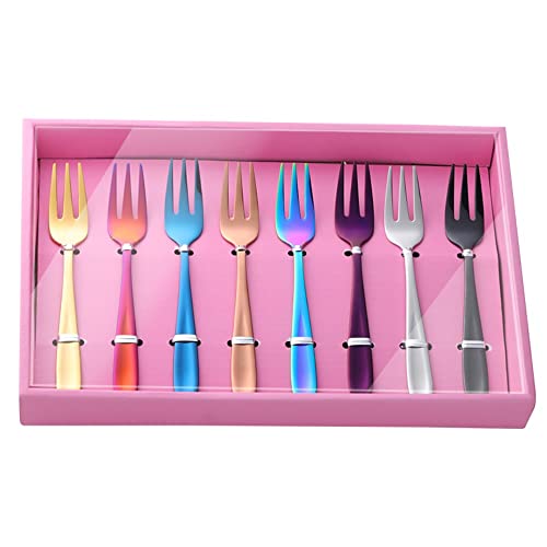 Buyer Star Appetizer Small Forks Set, 18/10 Stainless Steel Cake Fruits Forks Set of 8, 5.4 Inch Multicolor Tasting Dessert Forks with Pink Present Box