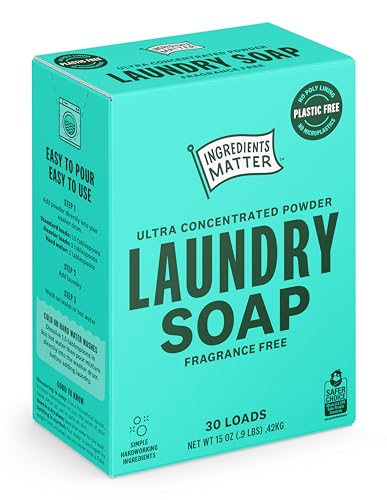 Image of Ingredients Matter Powder Laundry Soap - Fragrance Free, Hypoallergenic Detergent, Natural & Eco-Friendly, Plastic Free, Made in USA, Natural Essential Oils & Dermatologist Tested - 15 oz, 30 Loads