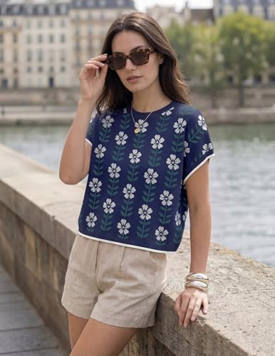 Image of ZESICA Women's Summer Trendy Knit Top 2026 Floral Print Short Sleeve Crewneck Loose Fit Sweater Vest Going Out Clothes