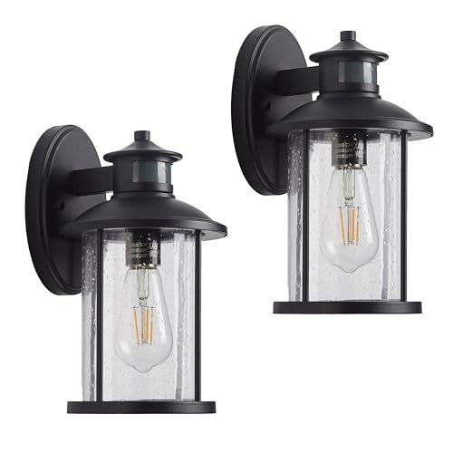 Image of MICSIU 2-Pack Black Motion Sensor Outdoor Wall Light No Assembly Required | 11.5 inch Dusk to Dawn Security Exterior Fixture, Seeded Glass Rustic Cabin Porch Light Sconce for Garage, Deck