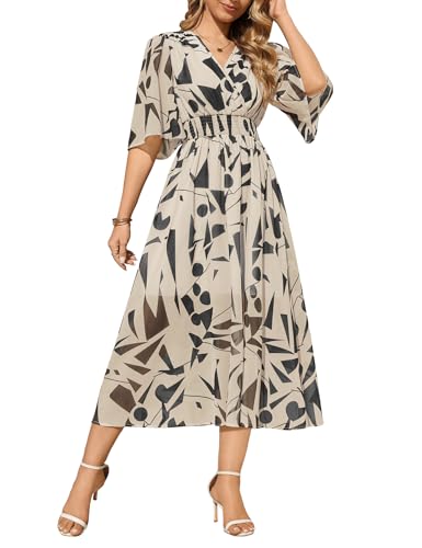 PASUDA Sommerkleid Damen Lang Elegant Kleid Sommer Blumenkleid Kurzarm Boho V-Ausschnitt Hohe Taille Blumen Maxikleid Strandkleid A-Linie Elastischer Bund Flowy Kleider (Beige Quadrate, S)
