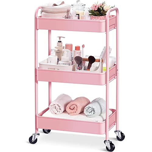 Image of TOOLF 3-Tier Rolling Cart, Metal Utility Cart with Lockable Wheels, Storage Craft Art Cart Trolley Organizer Serving Cart Easy Assembly for Baby Room, Bathroom, Kids' Room, Beauty Salon (Pink)