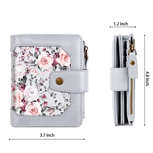 Image of Wallets for Women RFID Blocking Wallet Small Bifold Leather Pocket Wallet Ladies Mini Purse with ID Window,Grey Flower