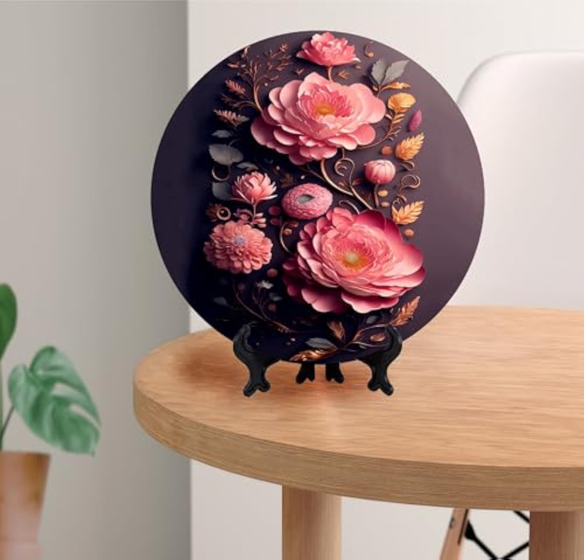 Decorative Ceramic Art Plate, Pink Rose Design, Gift