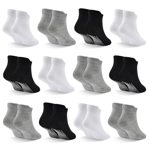 Image of Toddler Socks SkiBeaut 12 Pairs Non Slip Skid Ankle Socks For Kids Boys Grips Cotton Crew Socks For 1-10 Years