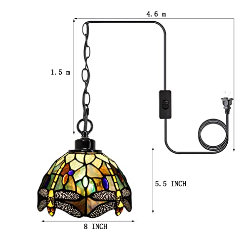 Zjart Small Tiffany Plug In Pendant Light Mini Yellow Dragonfly Style Stained Glass Chandelier With 16.4 Ft Hanging Cord In Line On/Off Push Switch Vintage Swag For Dining Room Bedroom Or Porch-8 Inch #TOP1