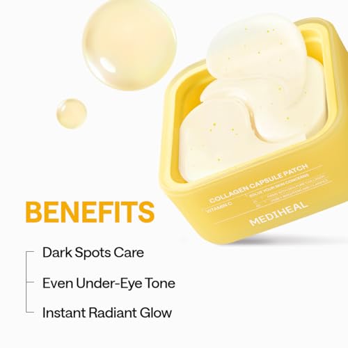 Image of MEDIHEAL Vitamin C Collagen Capsule Eye Patches (60 Count) Radiance & Glow | with Encapsulated Vitamin C | Puffy Eyes & Dark Circles | 70mm Wide Patch | 0.00 Irritating | Korean Hydrogel Under Eye Patch
