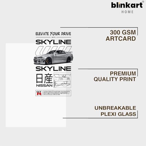 Image of BLINKART Nissan Skyline GT-R (R34) CarFramed Posters Gift Items Boys Room Wall Decoration Bedroom Office Studio Synthetic Wood Frame & Acrylic Glass Ready to Hang - 12x8 Inch, (A4 Size) - CAR-171