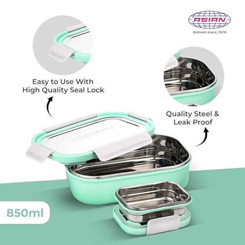 Image of Asian Plastowares - Snack Pack SS Lunch Box | Tiffin Box - Leak-Proof, Airtight | Lunch Box for Kids & Adults | Durable & Spill-Free School, Office, and College Tiffin | Mint Green