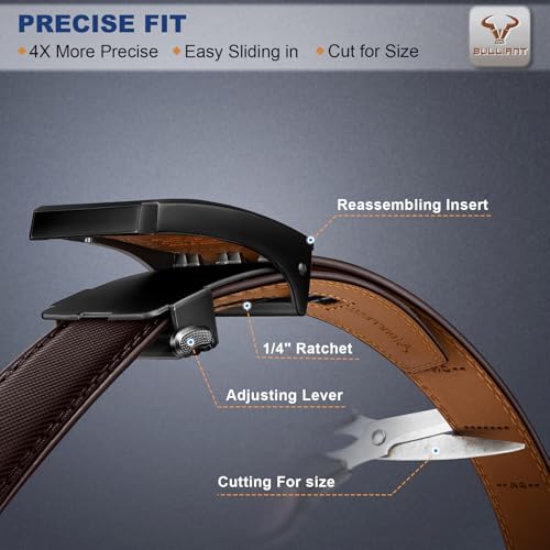 Image of BULLIANT Men Ratchet Belt 2 Pack, Click Sliding Leather Belt Adjustable for Gift Men Dress Casual Jeans 1 3 /8,Cut for Fit