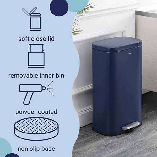 Image of happimess Curtis 8 Gal Step Trash Can Soft Close 25 inch, Denim Blue | Iron Construction, Satin Finish, Removable Liner, Steel Pedal, 20 Trash Bags Included, Kitchen Office Bin