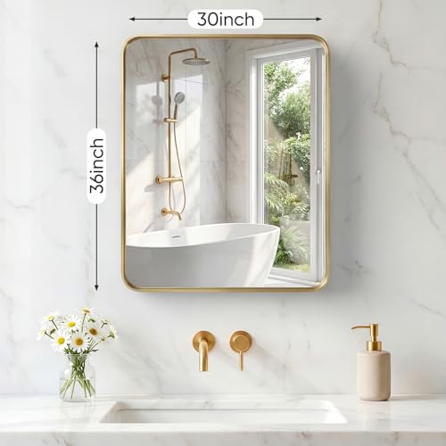 Image of NEWBULIG 30 inchx36 inch Wall Mirror, Bathroom Mirrors for Over Sink, Gold | Matte Metal Framed Vanity Mirror with Tempered Glass, Entryway, Living Room, Bedroom