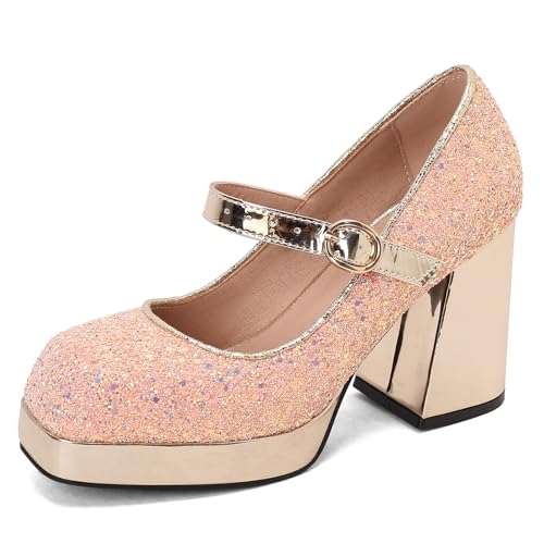 Womens Sequined Cloth Platform Heels Mary Jane Block Heels Ankle Strap Square Toe Glitter Pumps3