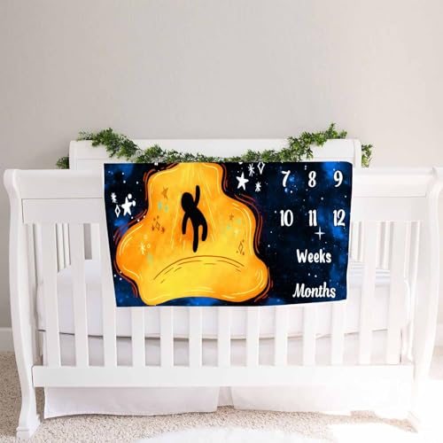 Image of UFO Baby Monthly Milestone Blanket, Spaceship Print, Blue, 48x40in | Soft Flannel, Alien Pattern, Starry Night Whimsical Design, Newborn Mom Gifts, Baby Shower Age Growth Tracker