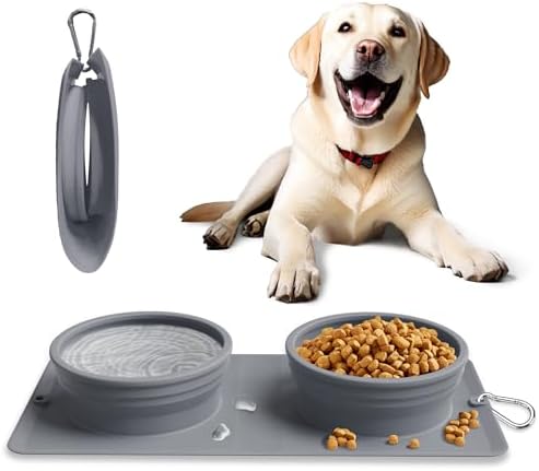 Collapsible Portable 2-in-1 Dog Bowl, Travel Dog Bowl Integrated, Silicone Foldable Expandable Food Water Bowl with Carabiner - Anti-Spill and Anti-Skid - for Camping/Traveling LPFLASAT (Grey)