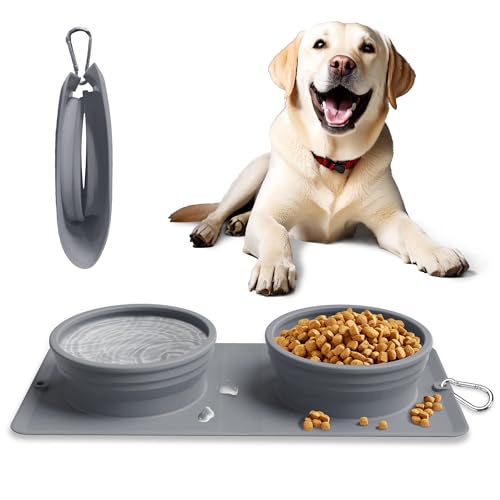 Collapsible Portable 2-in-1 Dog Bowl, Travel Dog Bowl Integrated, Silicone Foldable Expandable Food Water Bowl with Carabiner - Anti-Spill and Anti-Skid - for Camping/Traveling LPFLASAT (Grey)