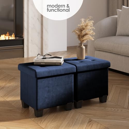 Storage Ottoman Cube with Small Bin, 15-in Square Ottoman with Storage for Living Room and Bedroom, Small Ottomans Foot Rest, Velvet Foot Stools Ottomans Max 330lbs, Blue by STORAGEBUD - Image 2