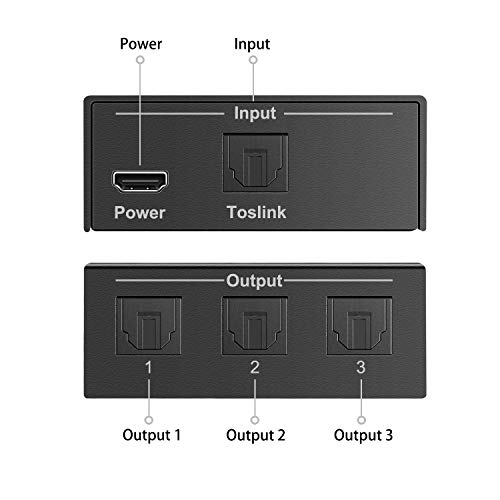 3 Port Toslink Splitter, Digital Optical Audio Splitter 1 Input 3 Output, SPDIF Toslink Fiber Audio Splitter Support LPCM 2.0/DTS/Dolby Digital, for Amplifier, Sound bar, Xbox, PS4, Blue-Ray, DVD Ect