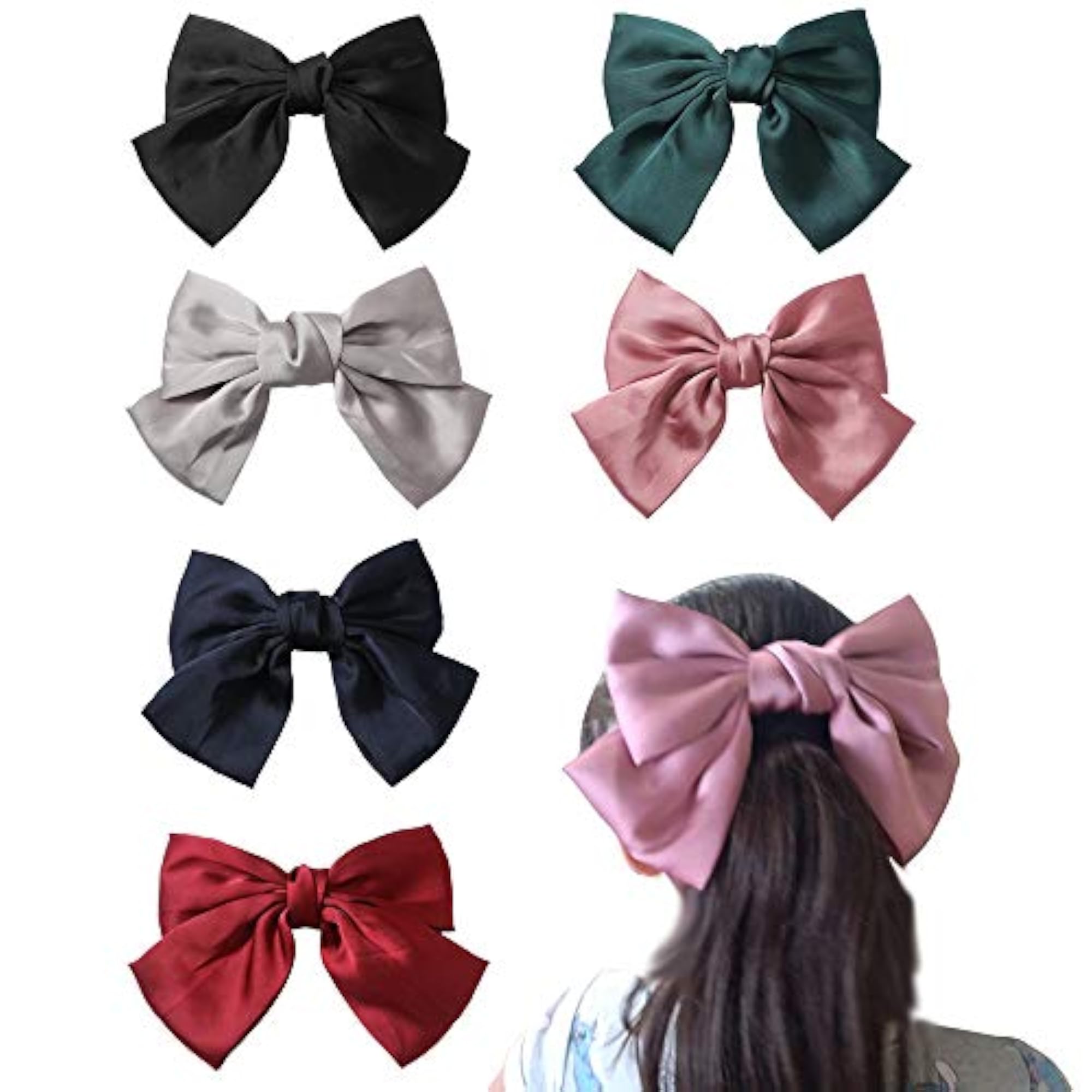Set Of 6 Large Satin Silk Hair Bow Clips