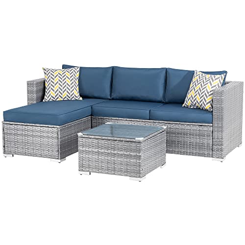 Walsunny Outdoor Furniture Patio Sets, PE Silver Gray Rattan All-Weather Small Rattan Sectional Sofa with Tea Table&Washable Couch Cushions&Upgrade Wicker Black Rattan 3-Piece (Aegean Blue) - Thumbnail 6