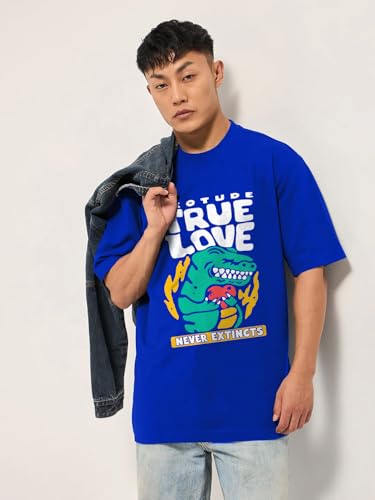 Image of LEOTUDE Half Sleeve Oversized Tshirt for Men, Round Neck Cottonblend Drop Shoulder Printed T-Shirt (Black Color)