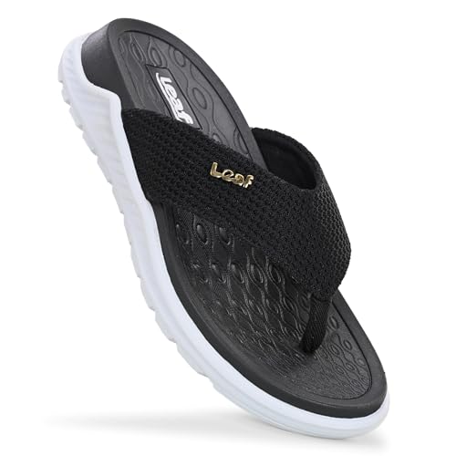 Image of leaf Black Mesh Thong Slippers with Cushioned Footbed & White Sole - Comfortable Casual Slippers for Men & Women | Breathable Summer Flip Flops for Everyday Wear