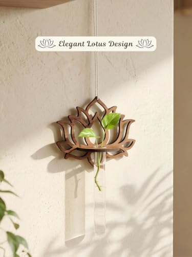 Image of Bombay Greens Hanging Lotus Planter with Wooden Holder & Rope | Test Tube Hanging Planter | Wooden Stand for Home Decor, Living Room, Balcony & Office Decoration - Lotus