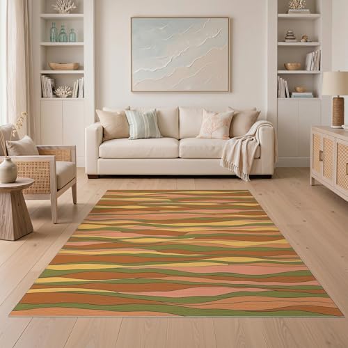 ODIKA 5'x7' Washable Bohemian Wavy Area Rug, Rust Flatwoven Floor Covering for Dining Room, Under Table, Home Office, Non-Slip Chair-Friendly Carpet | Ref:2025174