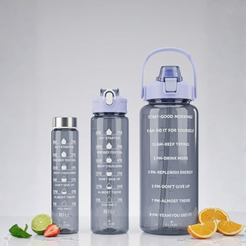 Image of Set of 3 Transparent Water Bottle 2000ML, 900ML, 300ML with Motivational Time Marker | Leak Proof&Break-Proof | Best Usage For Office /School /Gym /Travel Water Bottle