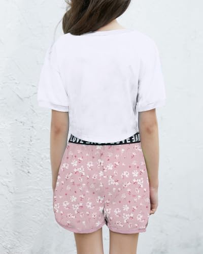 Image of Betusline Girls Summer 2 Piece Outfits,Kids Short Sleeve Crop Top & Shorts Set with Side Pockets