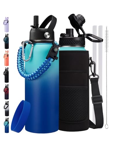 Image of Insulated Water Bottle 40oz - with Straw & Auto Spout Lid, Paracord Handle, Shoulder Carrier Bag, 40 oz Stainless Steel Metal Flask Water Jug Great for Sport Travel Gym Hiking Biking