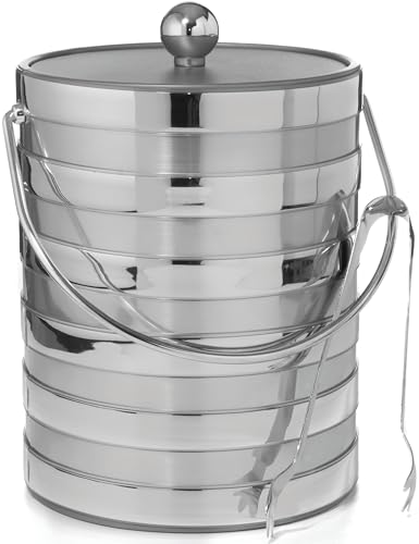 Hand Made In USA Metallic Deco Collection Double Walled Insulated Ice Bucket With Ice Tongs (5-Quart, Silver Stripes)