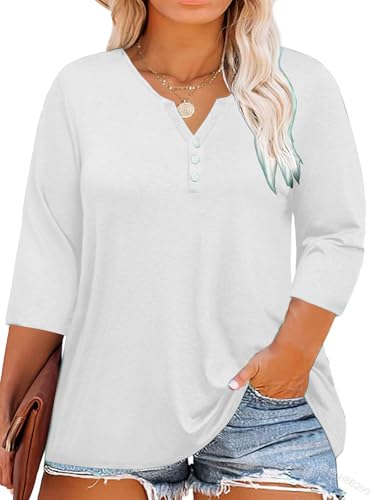 Fisoew Blusa de Tallas Grandes para Mujer, Manga 3/4, Cuello en V Profundo, Camiseta con botón, túnica de Gran tamaño, 1 Blanco., 3XL Grande