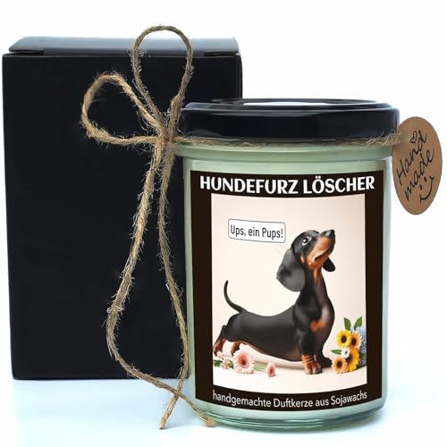 Hundefurz Löscher Duftkerze mit Dackel-Motiv | Geschenk mit lustigem Spruch für Dackelfieber | Handgemacht aus Sojawachs | Apfel-Zimt-Duft | 160 g/40 h Brenndauer | inkl. Geschenkverpackung