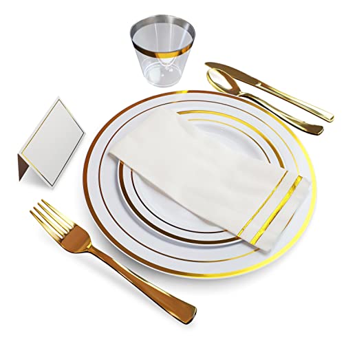200 Piece Gold Dinnerware Set For 25 Guests, Disposable Gold Plastic Plates, 25 Linen-Feel Napkins, 25 Gold Plastic Silverware Set, Place Cards, Dinner & Desert Plates, & Cups For Weddings & Parties #TOP1