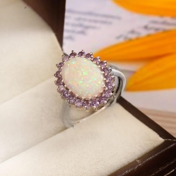 Vintage Amethyst Engagement Ring for Women – 925 Sterling Silver, 10x14mm Oval Gemstone Opal & Lavender Flower Design Jewelry Gift for Her2