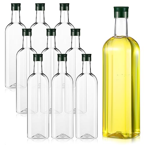 Dandat Paquete de 10 botellas de aceite de plástico de 34 onzas con tapas de rosca, botellas de vino vacías, botellas de vino transparentes de cuello largo, botella de plástico cuadrada con tapas para