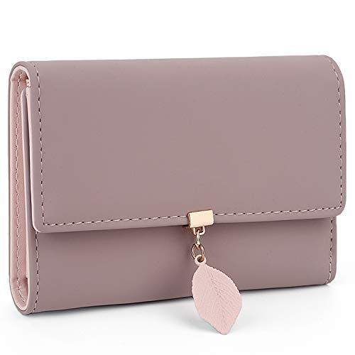 UTO Trifold Card Wallet for Women Leaf Pendant 6 Slots 1 ID Window Zipper Coin Pocket PU Leather Pale Mauve Upgrade