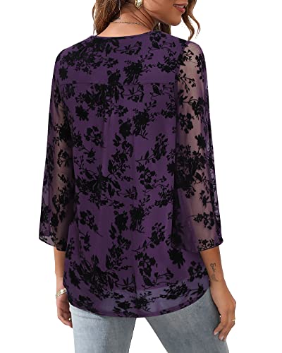 Bebonnie Dressy Tunic Blouses For Women, Ladies Ruffle 3/4 Sleeve V Neck Chiffon Blouses Loose Fit Flowy Evening Cocktail Tops Maternity Pregnant Tunic Tops Office Work Wear Dark Purple Xl #TOP4