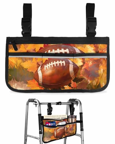 Anzona Fall Rugby Wheelchair Side Bag Walker Bag, Farmhouse Autumn Maple Leaves Wheelchair Accessories Armrest Pouch, Organizer Storage Bag for Walkers, Rollators, Scooters, 7.3''x13''