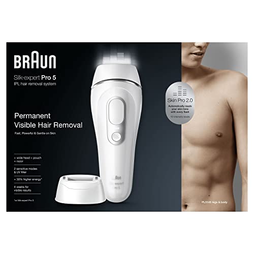 Braun Silk Expert Pro 5 IPL, Épilateur Lumière Pulsée, Épilation Semi-Définitive Visible À Domicile, Alternative À L'épilation Laser, Blanc/Argent, PL5145