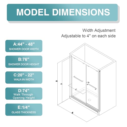 KPUY Glass Shower Door, 44-48" W x 76" H Semi-Frameless Double Sliding Shower Door, 1/4" (6mm) Thick Tempered Clear Glass with Explosion-Proof Film Nano Coating, Matte Black