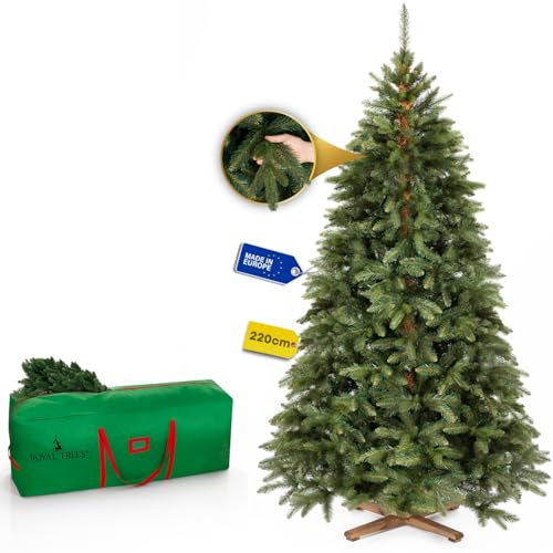 Royal Trees Árbol de Navidad artificial de 220 cm – Abeto siberiano artificial con 1224 puntas y 101 ramas, árbol de Navidad verde realista, denso árbol de Navidad con soporte de madera y bolsa de