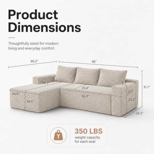 Image of 96 inch Boneless Couch, Modular L-Shaped Cloud Sectional Sofa, Camel