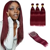 99j Burgundy human hair Straight Hair 18 20 22 with 18closure 8A Brazilian Virgin Hair 99j Burgundy Straight Hair Weaves Bundle Free Part Red Wine Color 100% Unprocessed Human Hair Weft Weaves