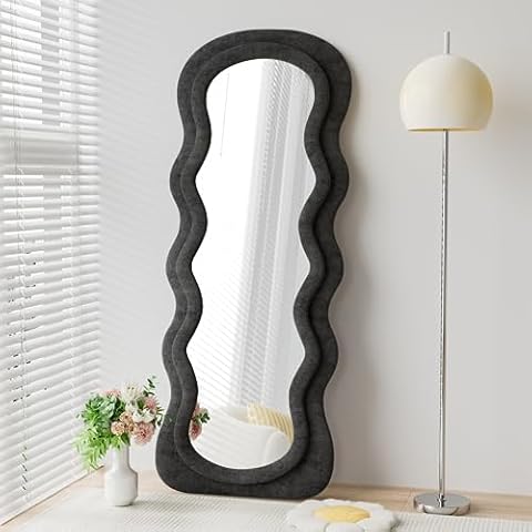 Dewfig Full Length Mirror, 63" x 24"Irregular Wavy Mirror, Large Floor Length Mirror Wall Mounted, Standing Wavy Mirror with Flannel Wrapped Wooden Frame for Bedroom/Living Room, Black Cover