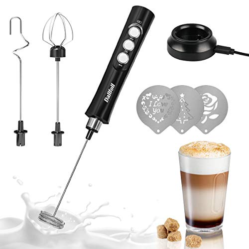 Milk Frother Handheld Dallfoll USB Rechargeable Electric Mini Foam Maker for Coffee Lattes 3 Speeds Milk Foamer Drink Mixer with 3 Whisks for Bulletproof Coffee Cappuccino Matcha