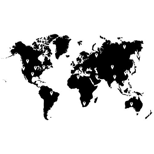 Stickerbrand World Map Wall Decal Sticker w/ 224 Pins - Black Map w/Red, Black, White & Grey pins, 40" x 70". Easy to Apply & Removable - FREE Application Squeegee